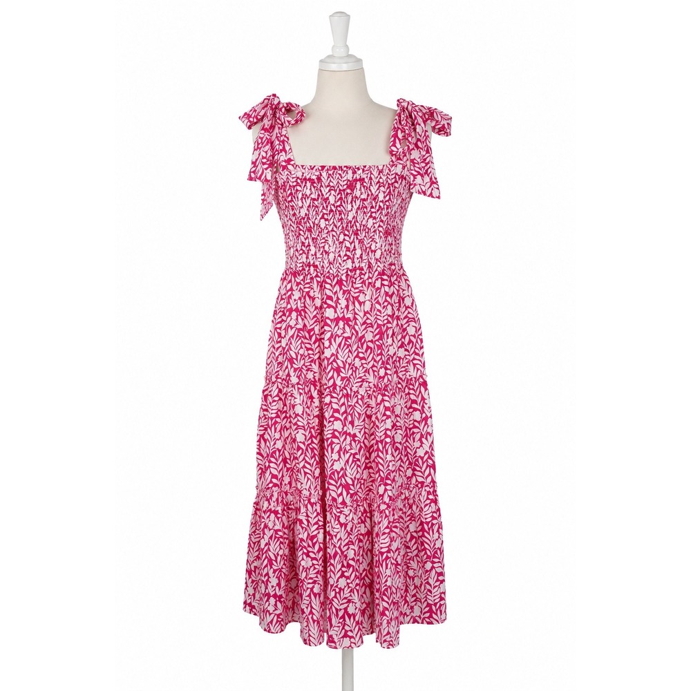 Sail to Sable Women Tie Strap Smocked Tiered Floral Midi Dress XL Pink Romantic‎